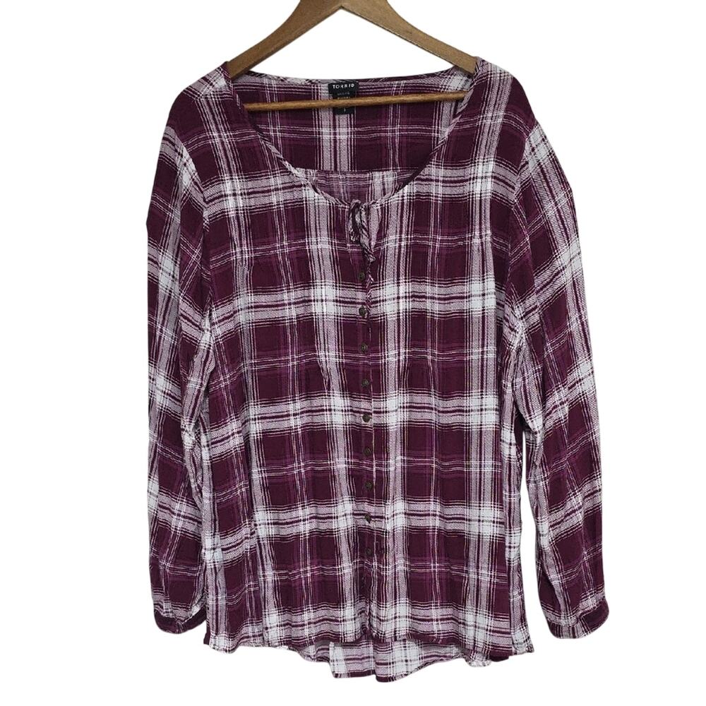 Womens Sz 3X Burgundy Plaid Button Up BOHO Grunge Festival 100% Rayon Torrid Top